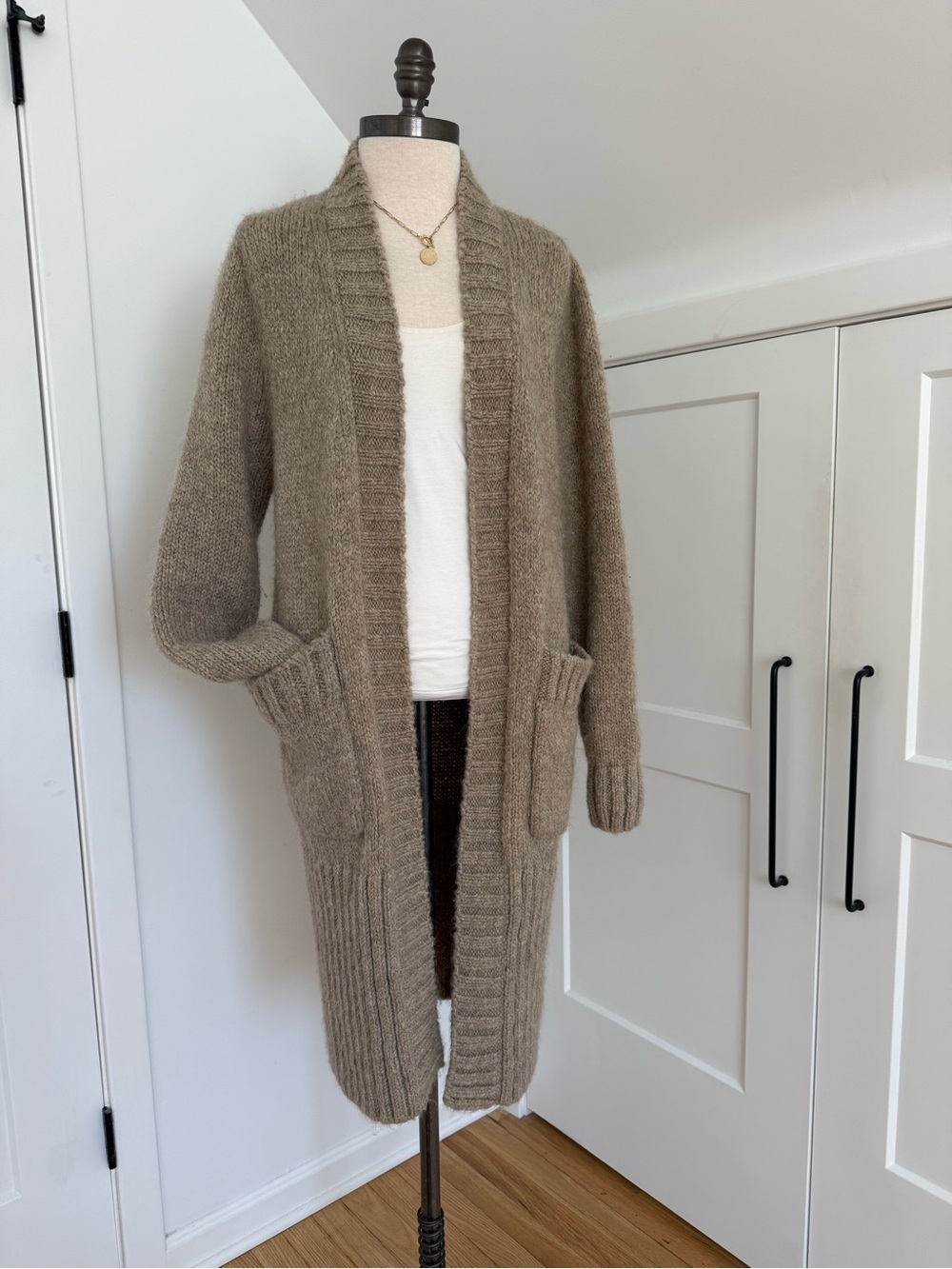 Zara Knit Longline Duster Cardigan Sweater Women's SM Beige Pockets Open Front